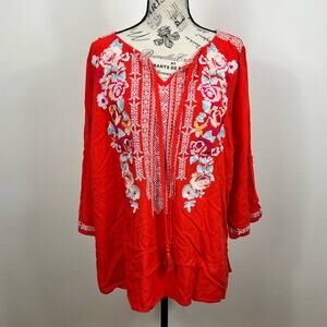 Impressions red V-neck floral embroidered roll tab sleeves tunic w/ tie detail